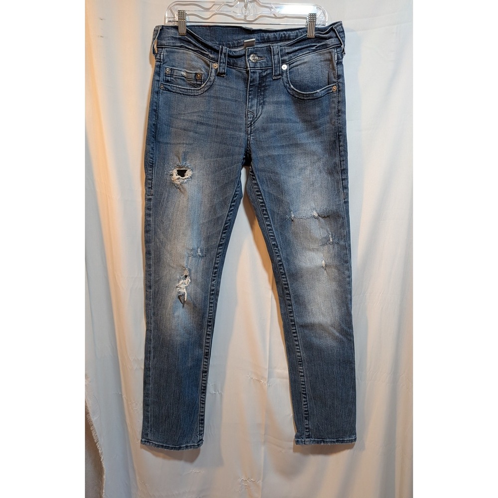 True Religion Men 35/33 Section Slim Fit Jeans Straight Leg Med Blue Distressed